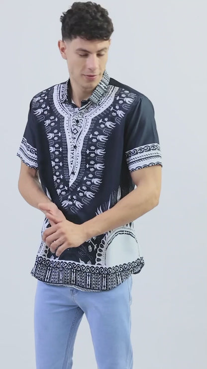 Camisa de Hombre Afrocaribeño Negra de Botones HS402