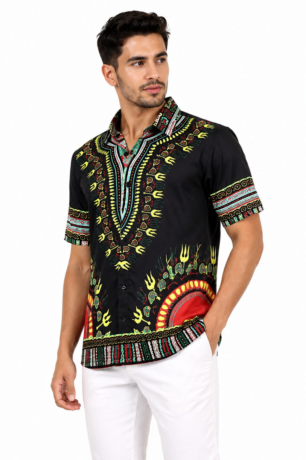 Camisa de Hombre Afrocaribeño Negro de Botones HS402