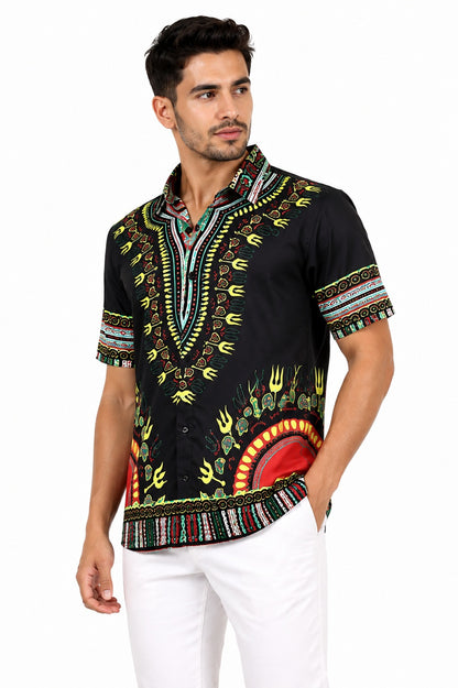 Camisa de Hombre Afrocaribeño Negro de Botones HS402