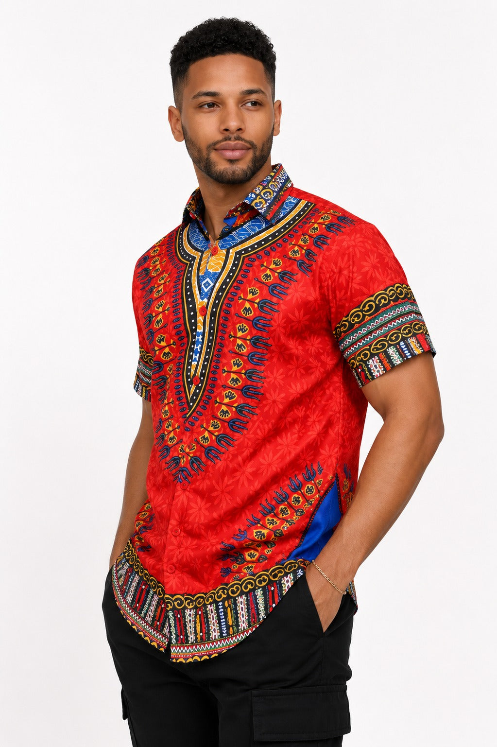 Camisa de Hombre Afrocaribeño Naranja de Botones HS402