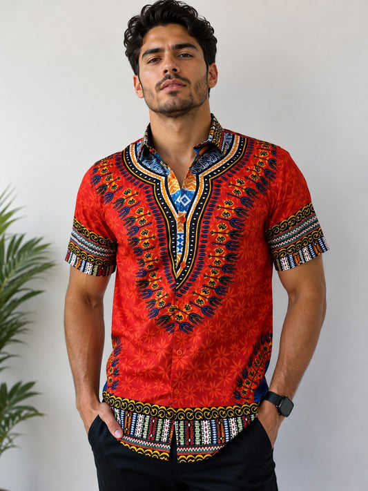 Camisa de Hombre Afrocaribeño Naranja de Botones HS402