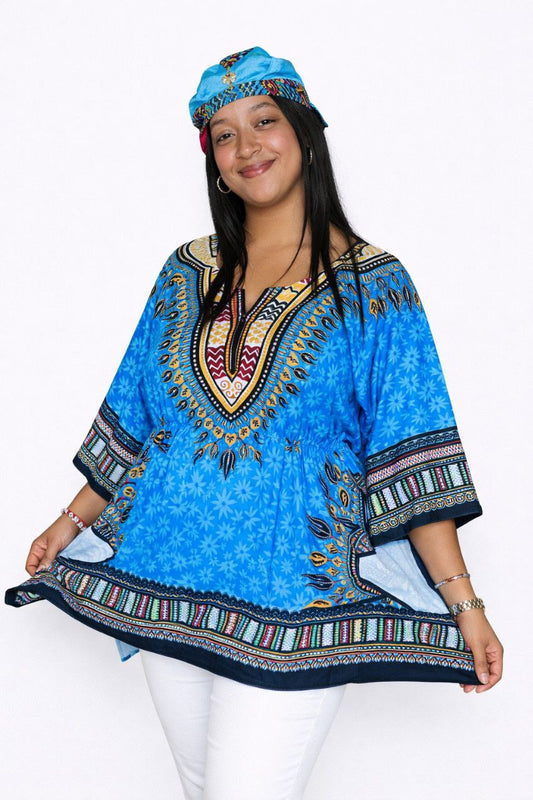 Blusa de Dama Estampado Carnaval Afrocaribeño Azul