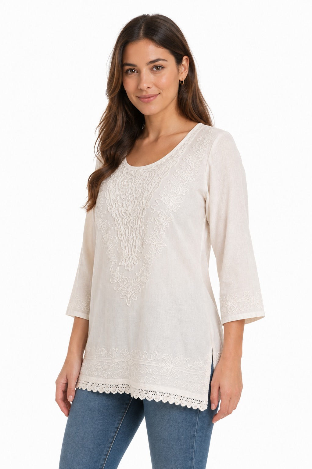 Blusa Elegante Bordada Blanca Manga 3/4