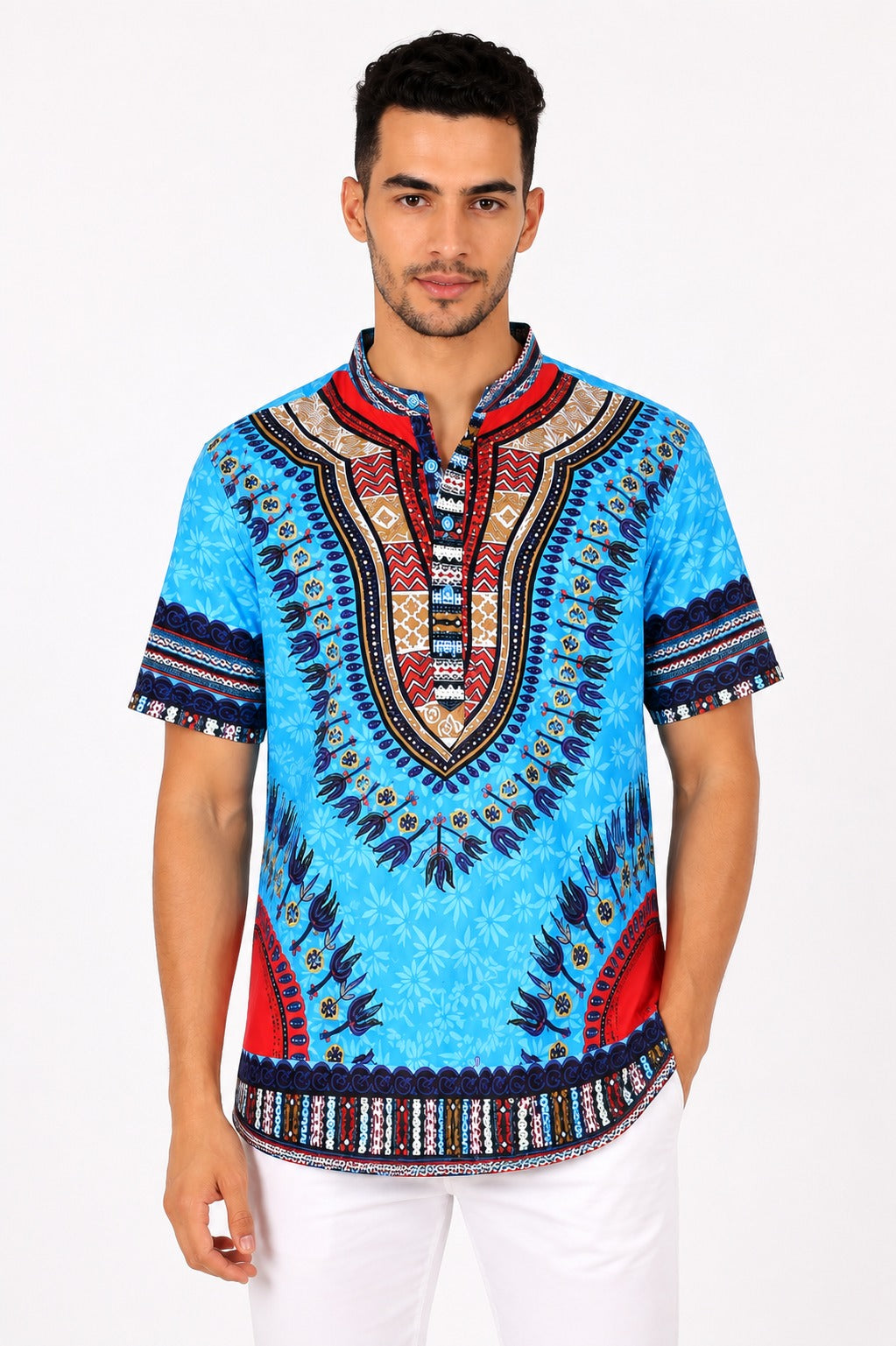Camisa de Hombre Afrocaribeño Azul de Botones HS402