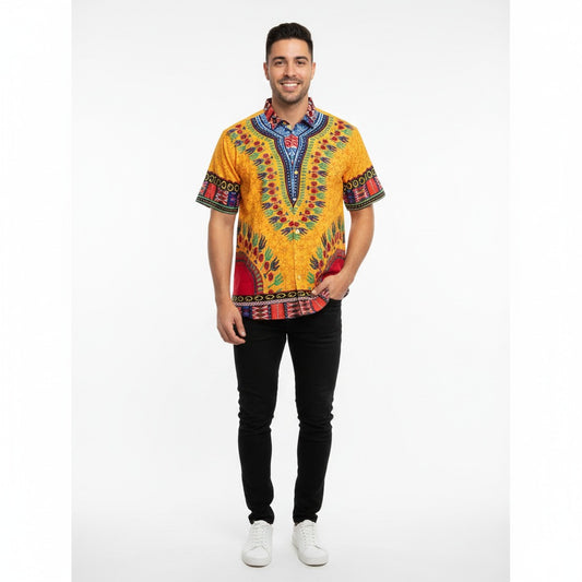 Camisa Dashiki de Hombre con Estampado Afrocaribeño Amarillo