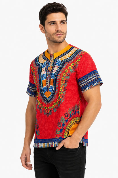 Camisa Dashiki de Hombre con Estampado Afrocaribeño Rojo