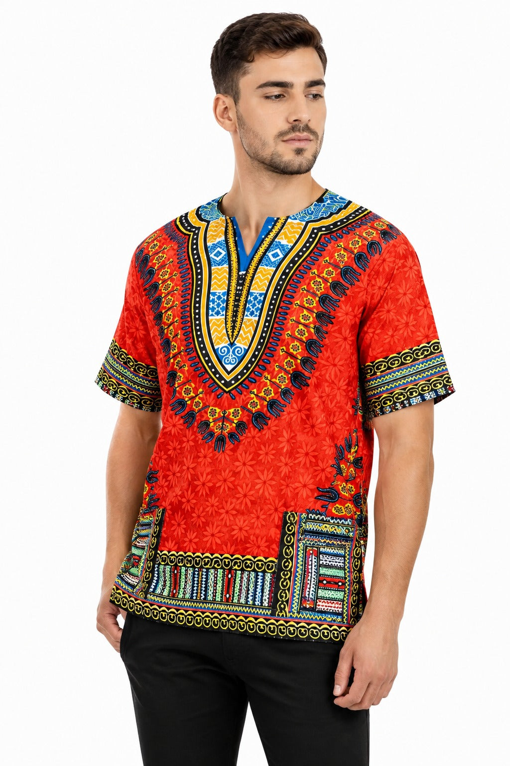 Camisa Dashiki de Hombre con Estampado Afrocaribeño Naranja