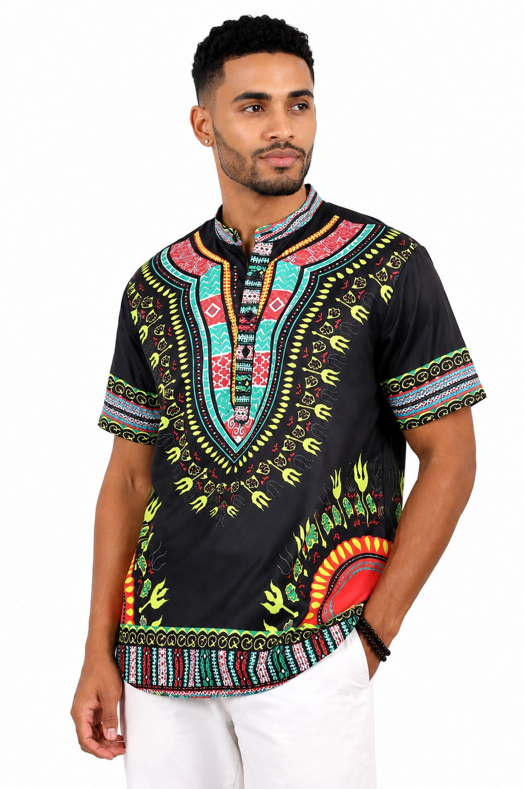 Camisa de Hombre Afrocaribeño Negro de Botones Cuello Chino HS405