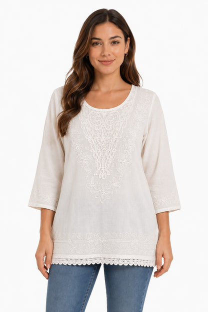 Blusa Elegante Bordada Blanca Manga 3/4