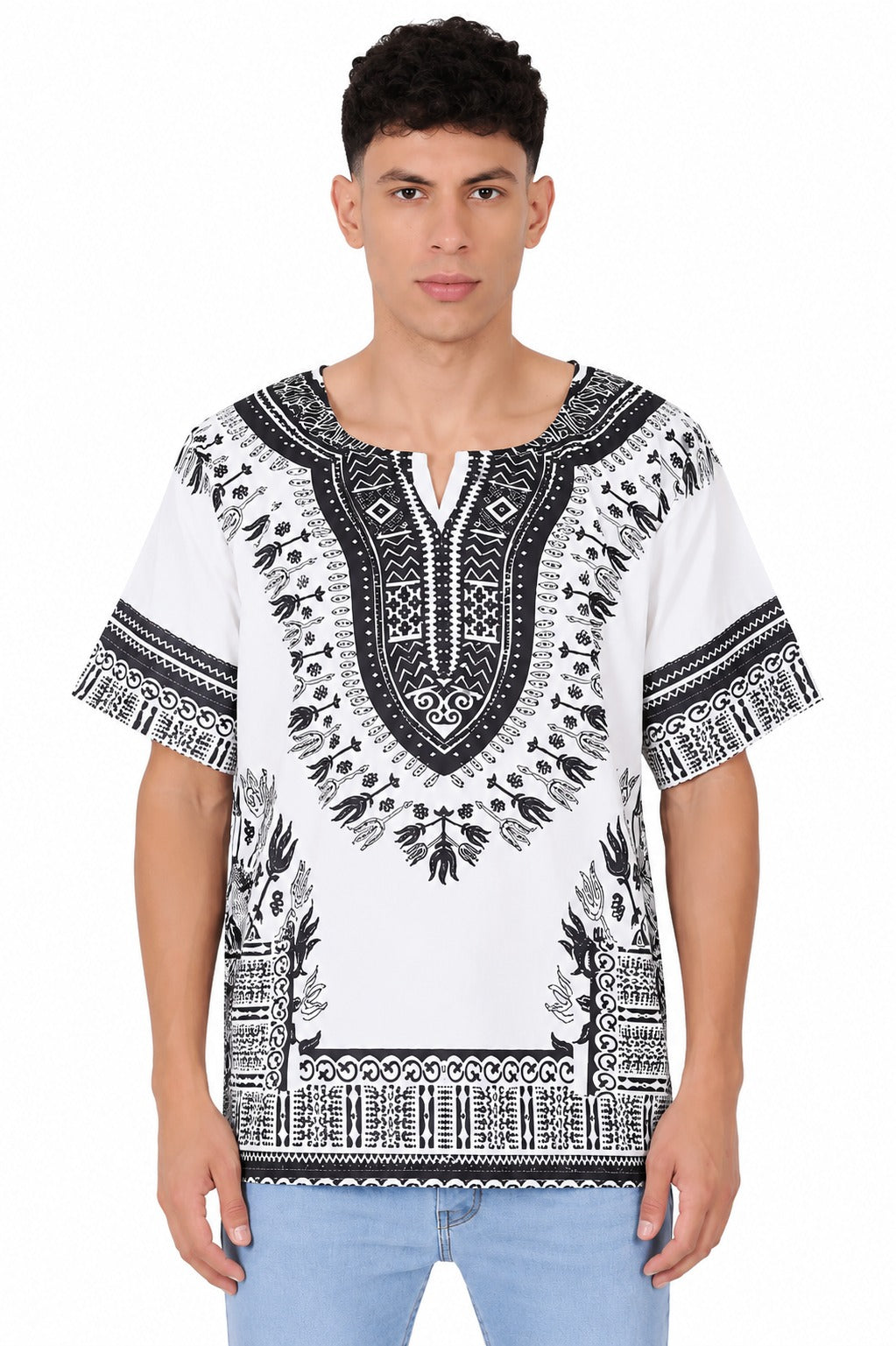 Camisa de Hombre Dashiki Afrocaribeño Estampado Blanco con Negro