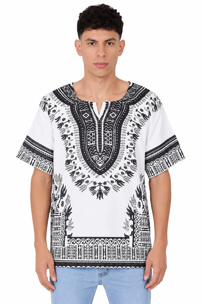 Camisa de Hombre Dashiki Afrocaribeño Estampado Blanco con Negro
