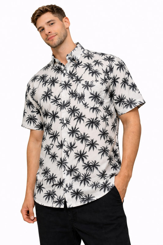 Camisa Hawaiana de Caballero Estampado Blanco de Palmeras