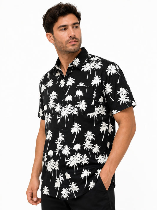 Camisa Hawaiana de Caballero Estampado Negro de Palmeras