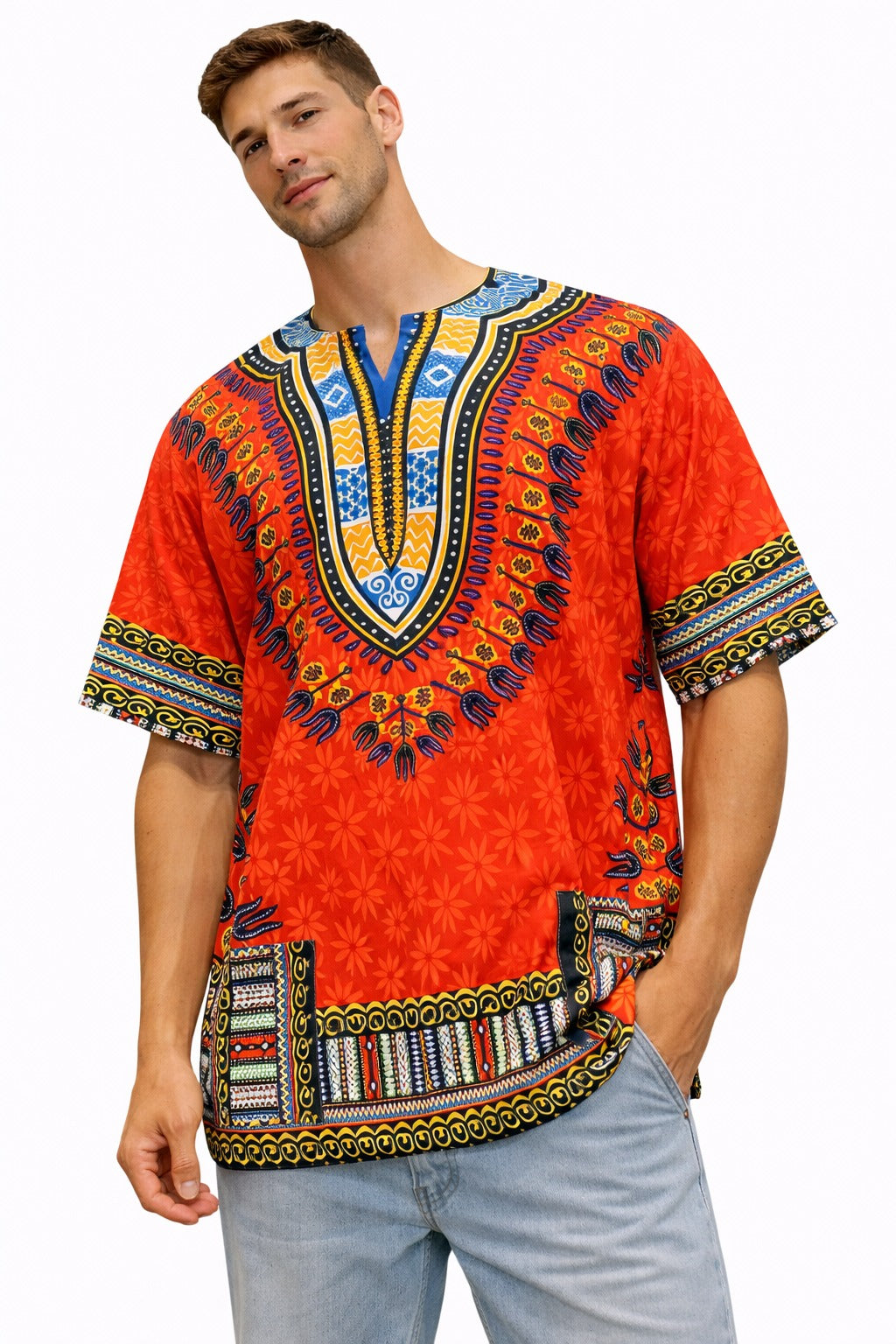 Camisa Dashiki de Hombre con Estampado Afrocaribeño Naranja