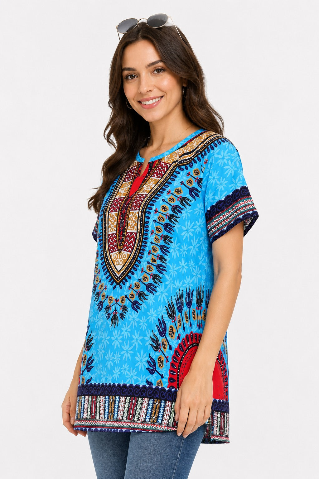 Blusa Afrocaribeña de Dama Estampado Azul