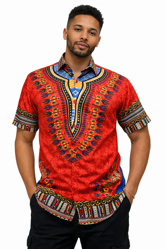 Camisa de Hombre Afrocaribeño Naranja de Botones HS402