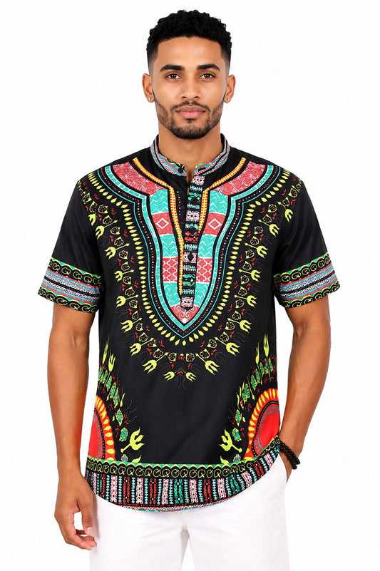 Camisa de Hombre Afrocaribeño Negro de Botones Cuello Chino HS405