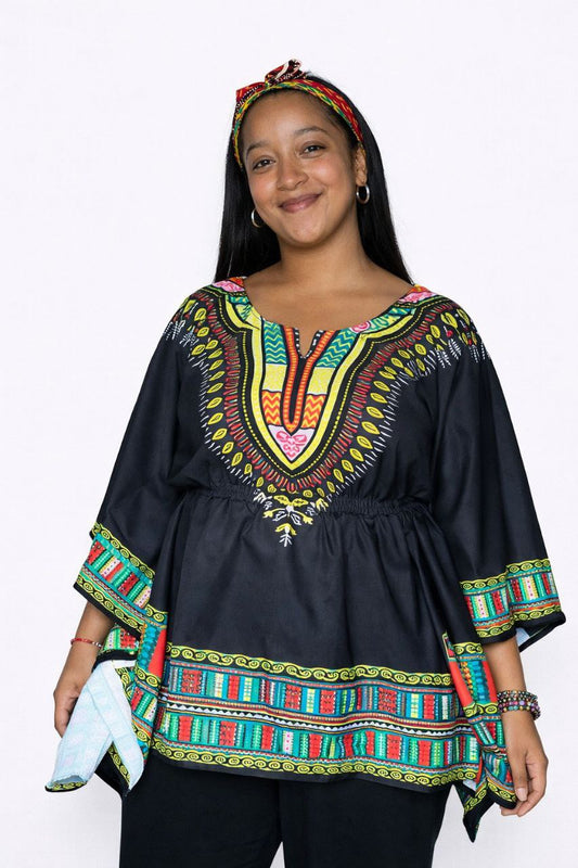Blusa de Dama Estampado Carnaval Afrocaribeño Negro