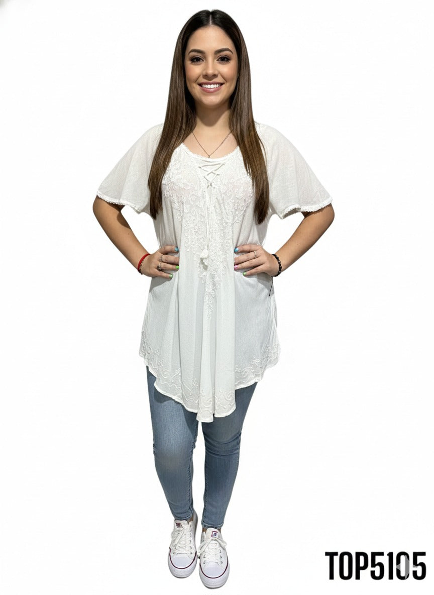 Top de Dama Unicolor Bordado con Mangas TOP5105
