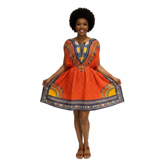 Vestido de Dama Carnaval Afrocaribeño Estampado Naranja
