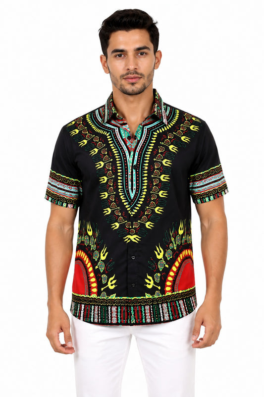 Camisa de Hombre Afrocaribeño Negro de Botones HS402