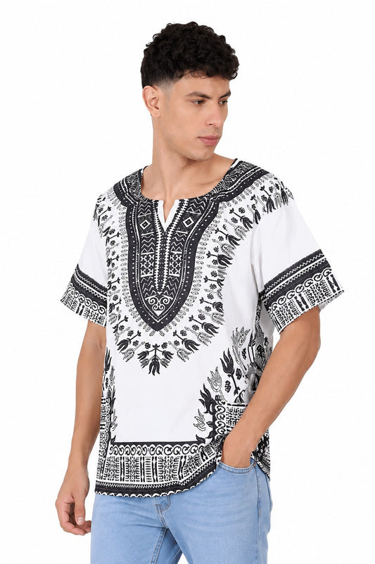 Camisa de Hombre Dashiki Afrocaribeño Estampado Blanco con Negro