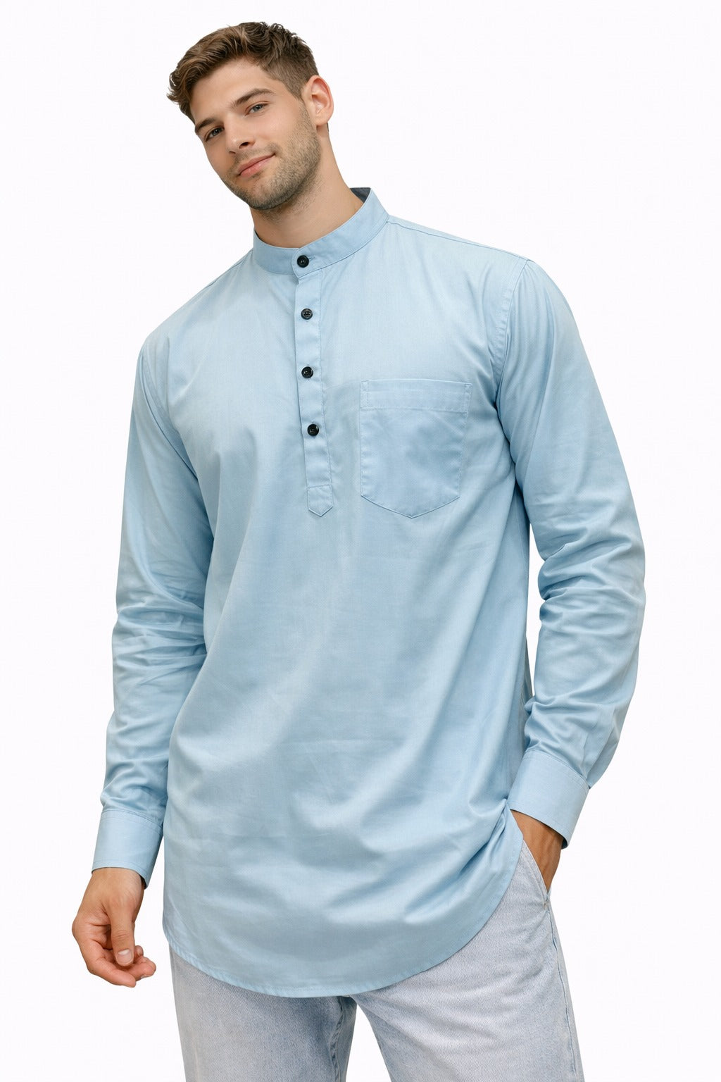 Camisa Azul Cielo Hombre Mangas Largas Cuello Chino