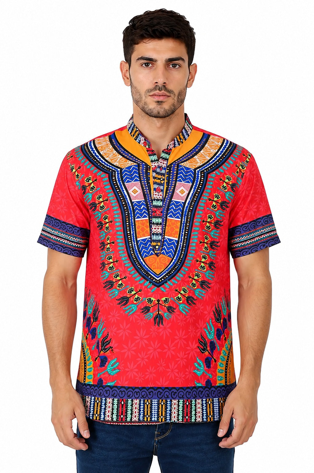 Camisa de Hombre Afrocaribeño Roja de Botones Cuello Chino HS405