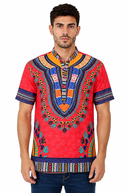 Camisa de Hombre Afrocaribeño Roja de Botones Cuello Chino HS405