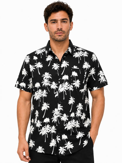 Camisa Hawaiana de Caballero Estampado Negro de Palmeras