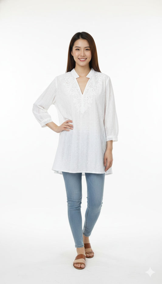 Blusa de Dama Blanca con Bordados Manga 3/4