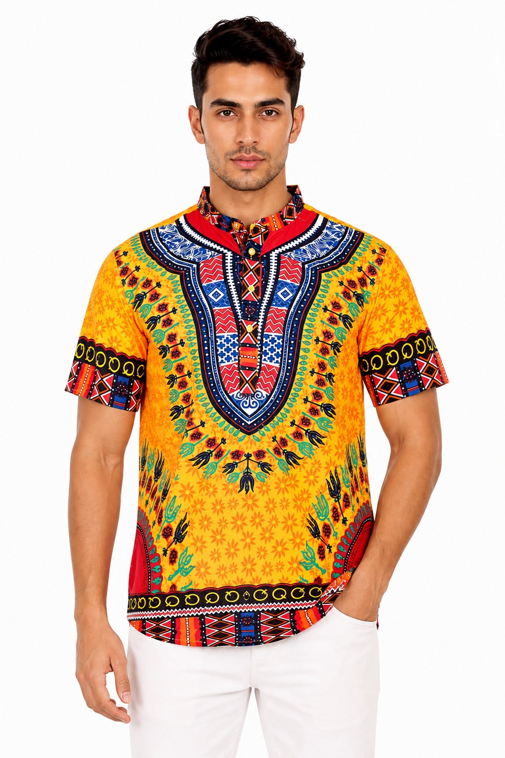 Camisa de Hombre Afrocaribeño Amarillo de Botones Cuello Chino HS405