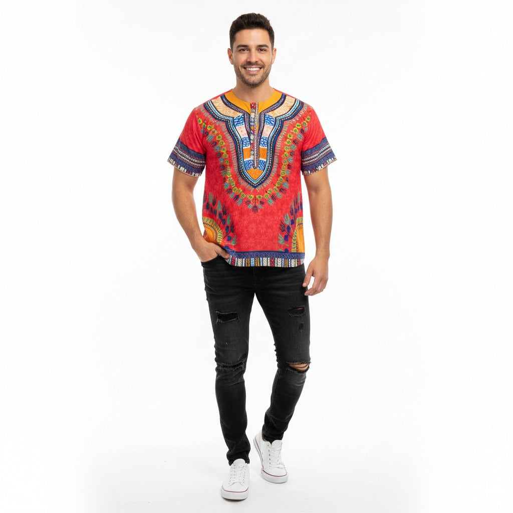 Camisa Dashiki de Hombre con Estampado Afrocaribeño Rojo