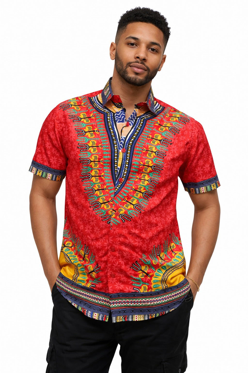 Camisa de Hombre Afrocaribeño Rojo de Botones HS402