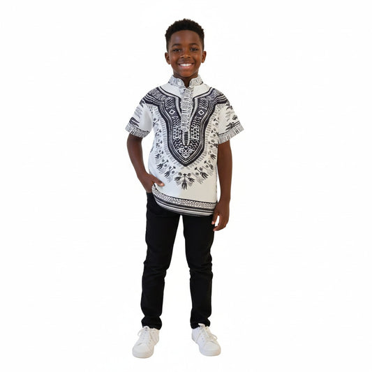 Camisa de Niño Afrocaribeño Blanco de Botones Cuello Chino HSB405